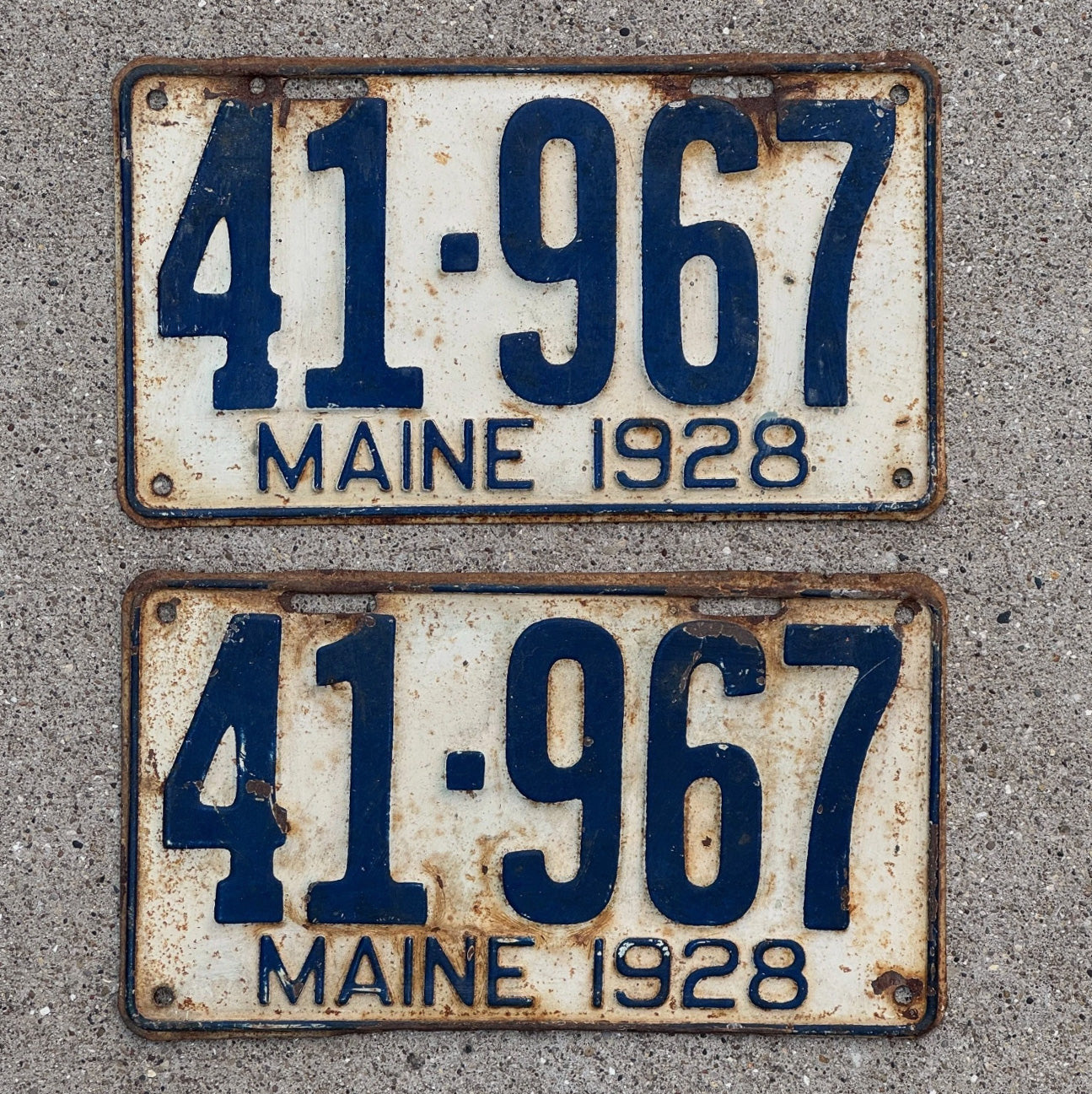 Photo of a 1928 Maine License Plate Pair Auto Tag Garage Decor Vintage Ford Model A Year 41 967 with original patina