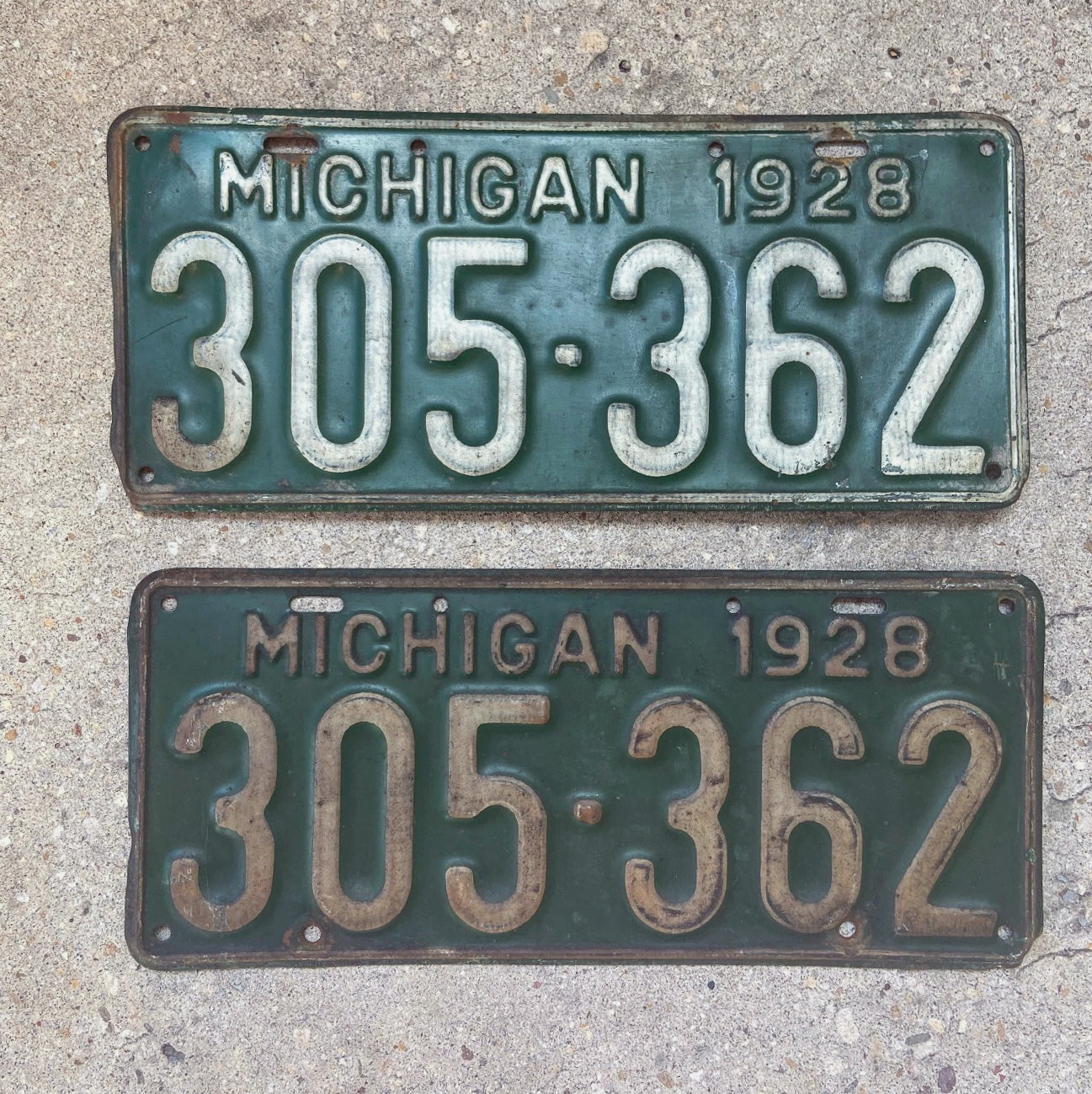 Photo of a 1928 Michigan License Plate Pair Auto Tag Garage Decor Vintage Ford Model A Year 305 362 with original patina