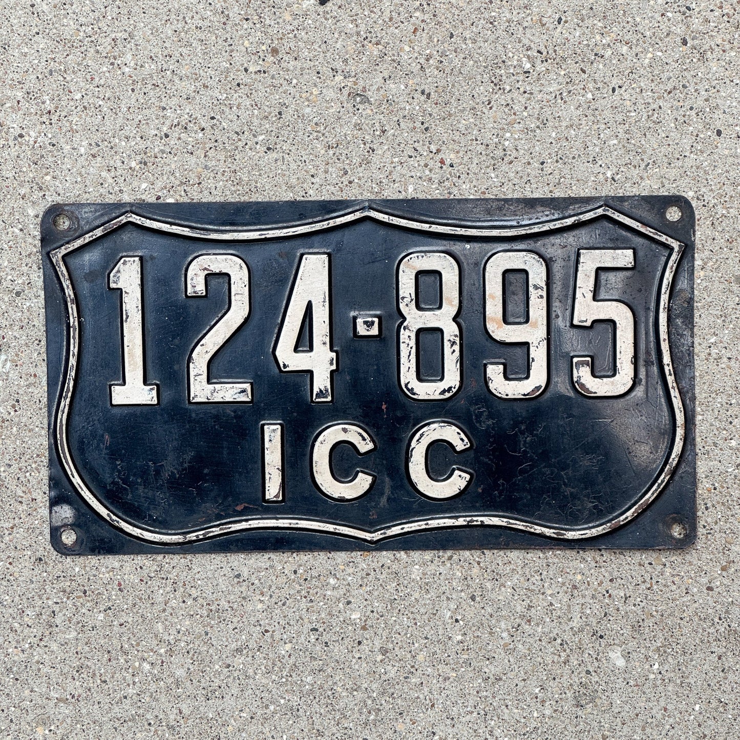 Photo of a 1930 Era Interstate Commerce Commission (ICC) Truck License Plate Auto Tag Garage Decor Vintage 124 895 with original patina