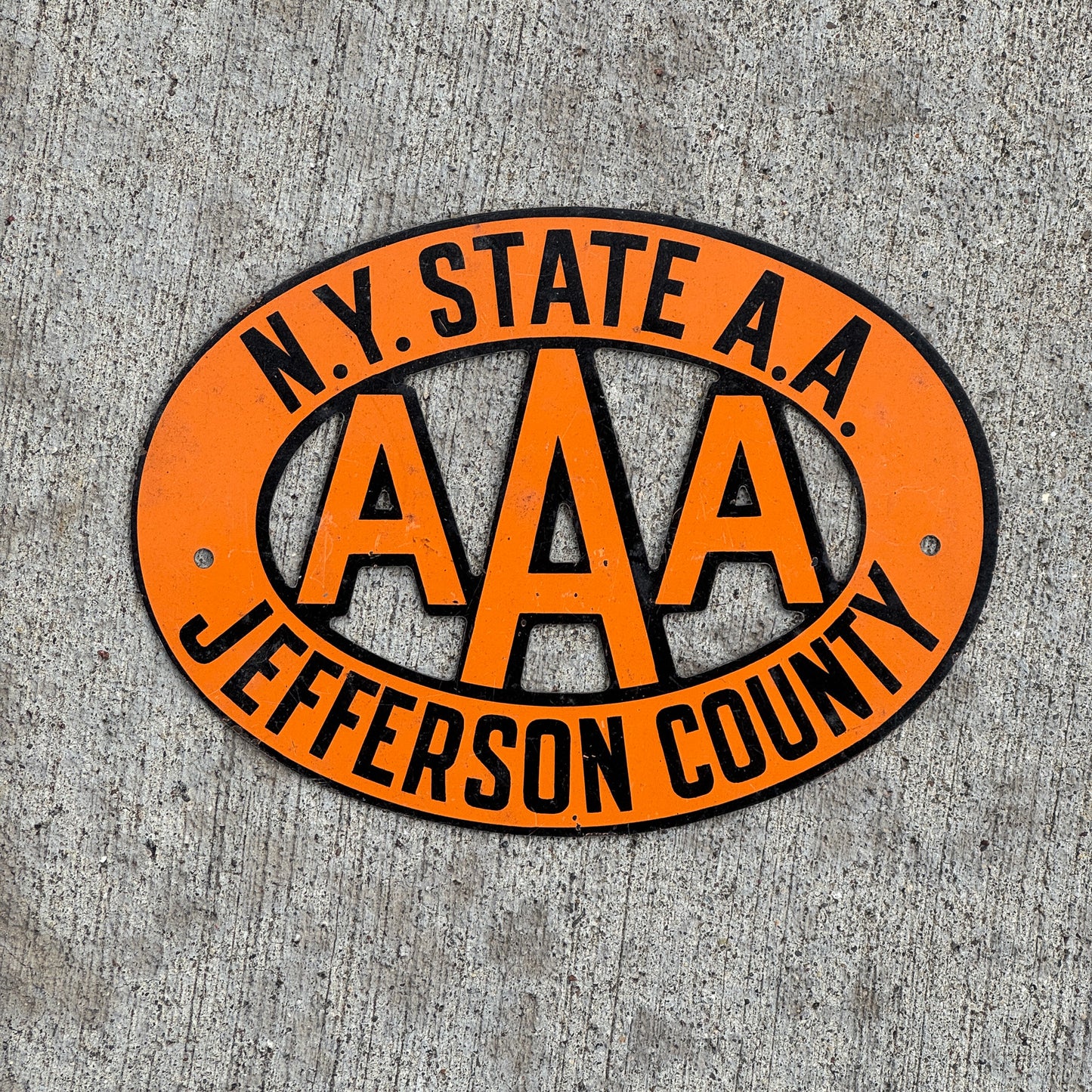 Photo of a 1930 Era Jefferson County New York Badge Emblem License Plate Topper Auto Tag Garage Decor Vintage AAA with original patina