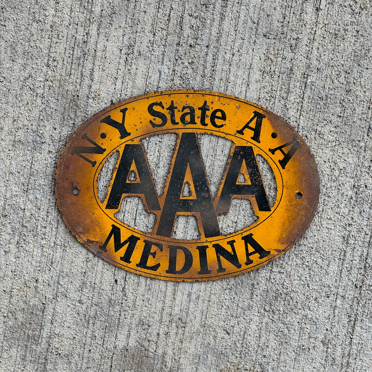 Photo of a 1930 Era Medina New York Badge Emblem License Plate Topper Auto Tag Garage Decor Vintage AAA with original patina
