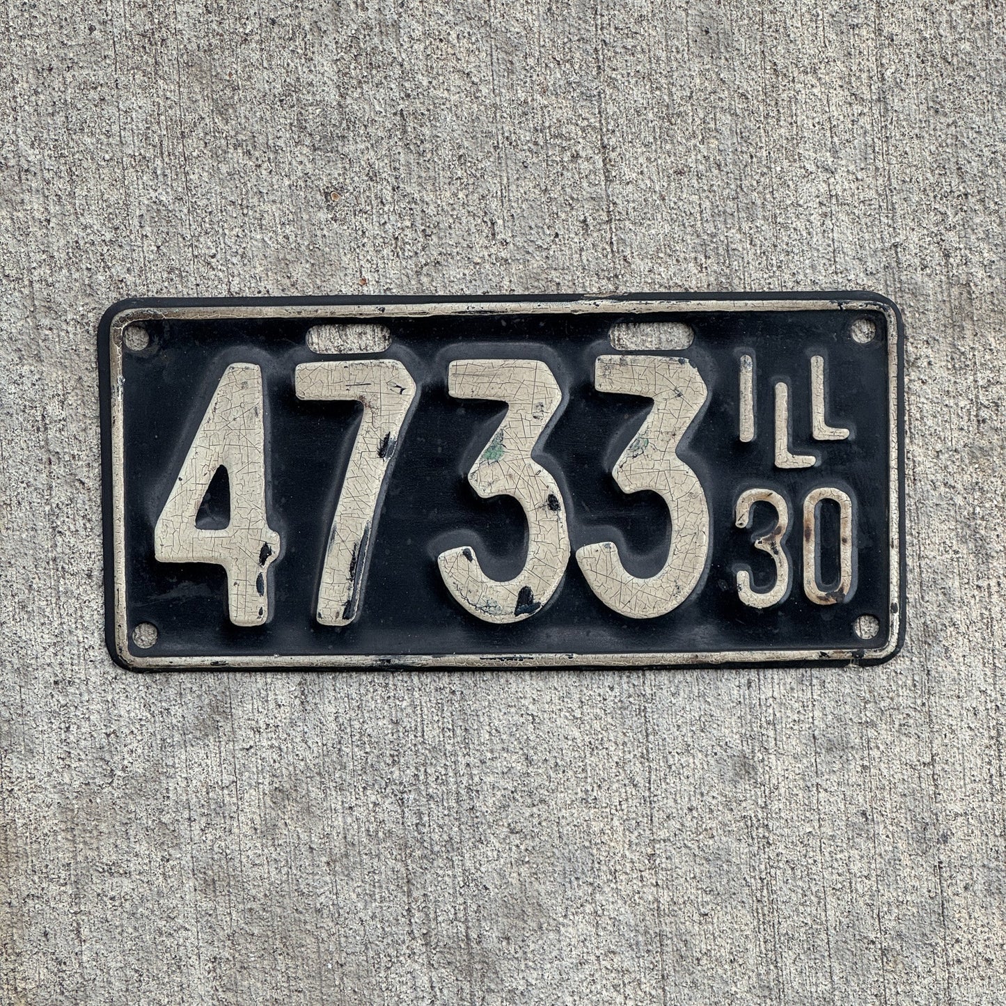 Photo of a 1930 Illinois License Plate Auto Tag Garage Decor Vintage Low Number Four Digit 4733 with original patina