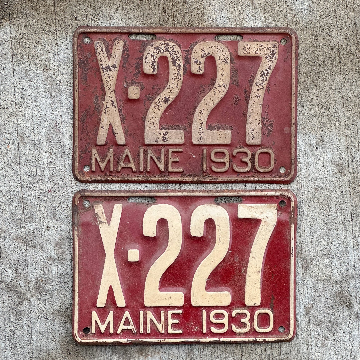Photo of a 1930 Maine Commercial License Plate Pair Auto Tag Garage Decor Vintage Low Number Three Digit X 227 with original patina