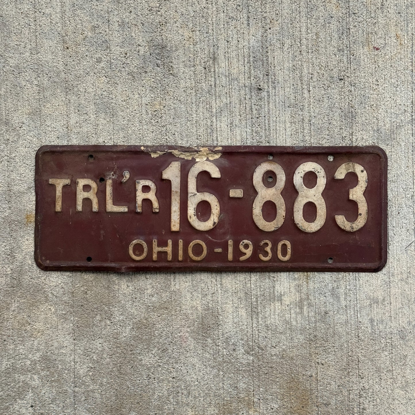 Photo of a 1930 Ohio Trailer License Plate Auto Tag Garage Decor Vintage 16 883 with original patina