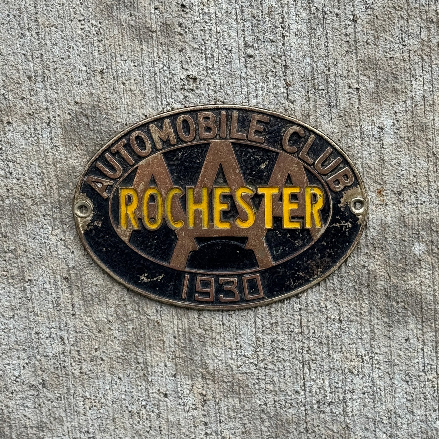 Photo of a 1930 Rochester New York Badge Emblem License Plate Topper Auto Tag Garage Decor Vintage AAA with original patina