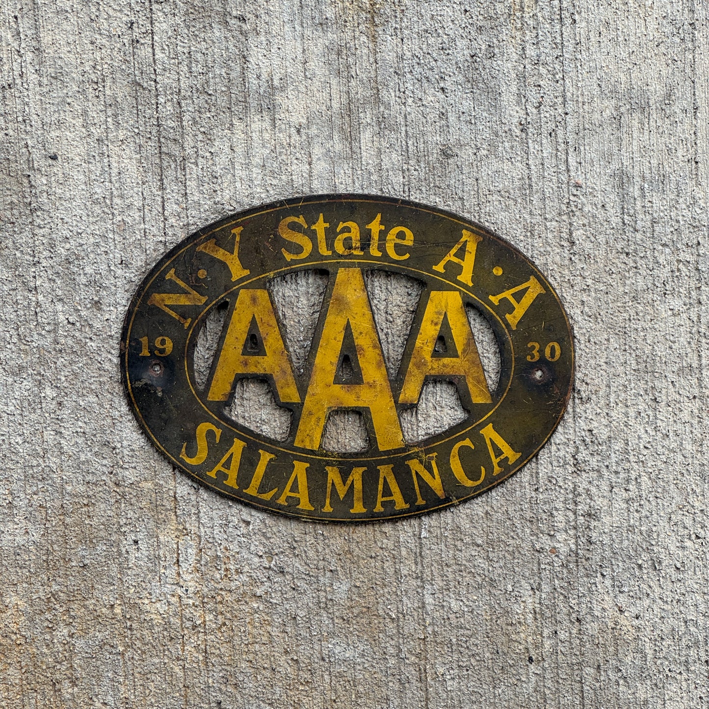 Photo of a 1930 Salamanca New York Badge Emblem License Plate Topper Auto Tag Garage Decor Vintage AAA with original patina