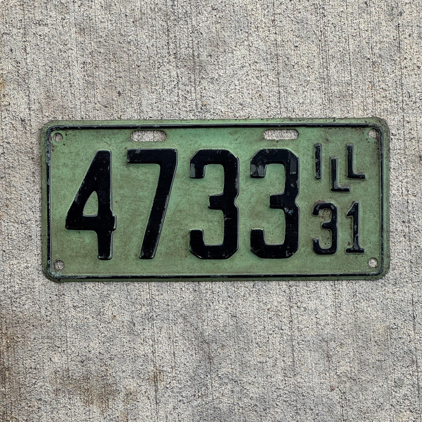 Photo of a 1931 Illinois License Plate Auto Tag Garage Decor Vintage Low Number Four Digit 4733 with original patina