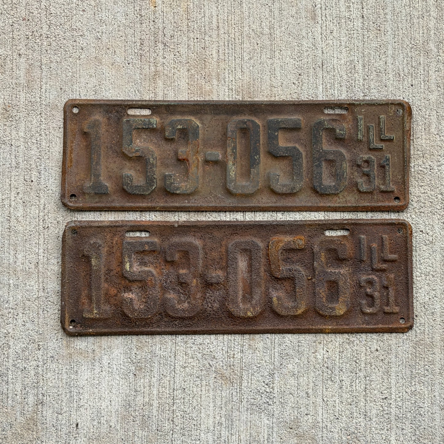 Photo of a 1931 Illinois License Plate Pair Auto Tag Garage Decor Vintage 153 056 with original patina