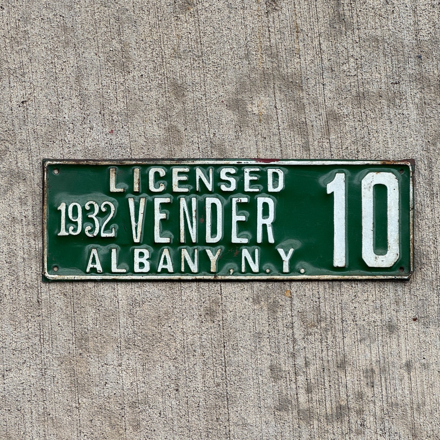 Photo of a 1932 Albany New York Vender License Plate Topper Auto Tag Garage Decor Vintage 10 with original patina