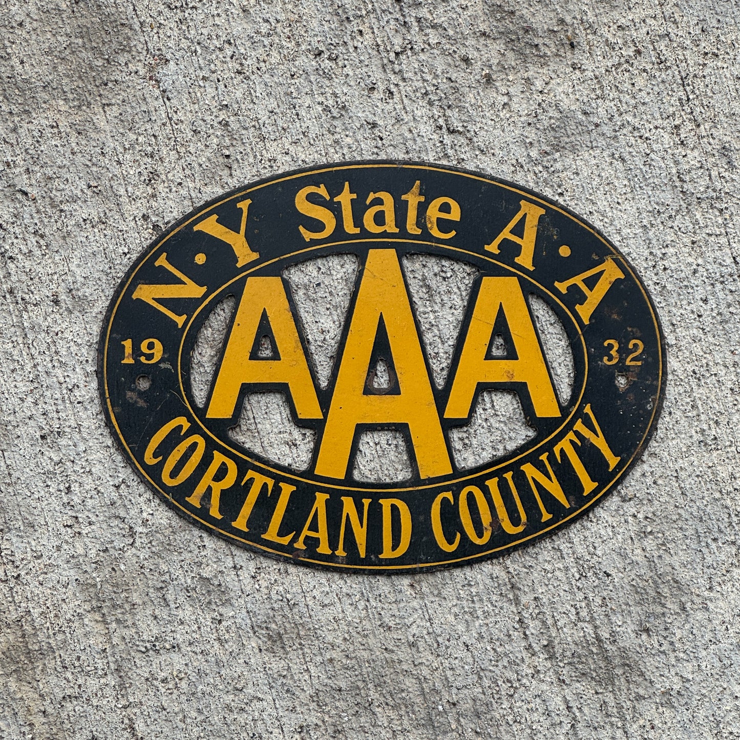 Photo of a 1932 Cortland County New York Badge Emblem License Plate Topper Auto Tag Garage Decor Vintage AAA with original patina