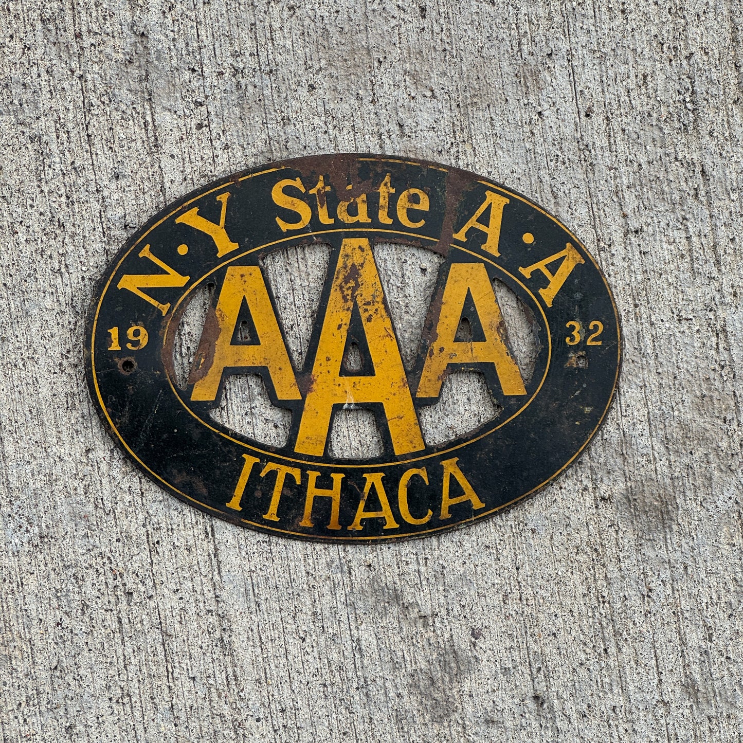 Photo of a 1932 Ithaca New York Badge Emblem License Plate Topper Auto Tag Garage Decor Vintage AAA with original patina