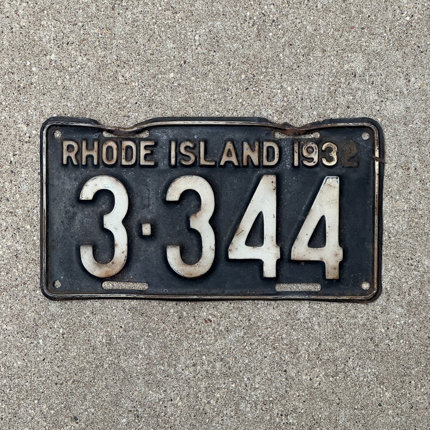Photo of a 1932 Rhode Island License Plate Auto Tag Garage Decor Vintage Low Number Four Digit 3344 with original patina