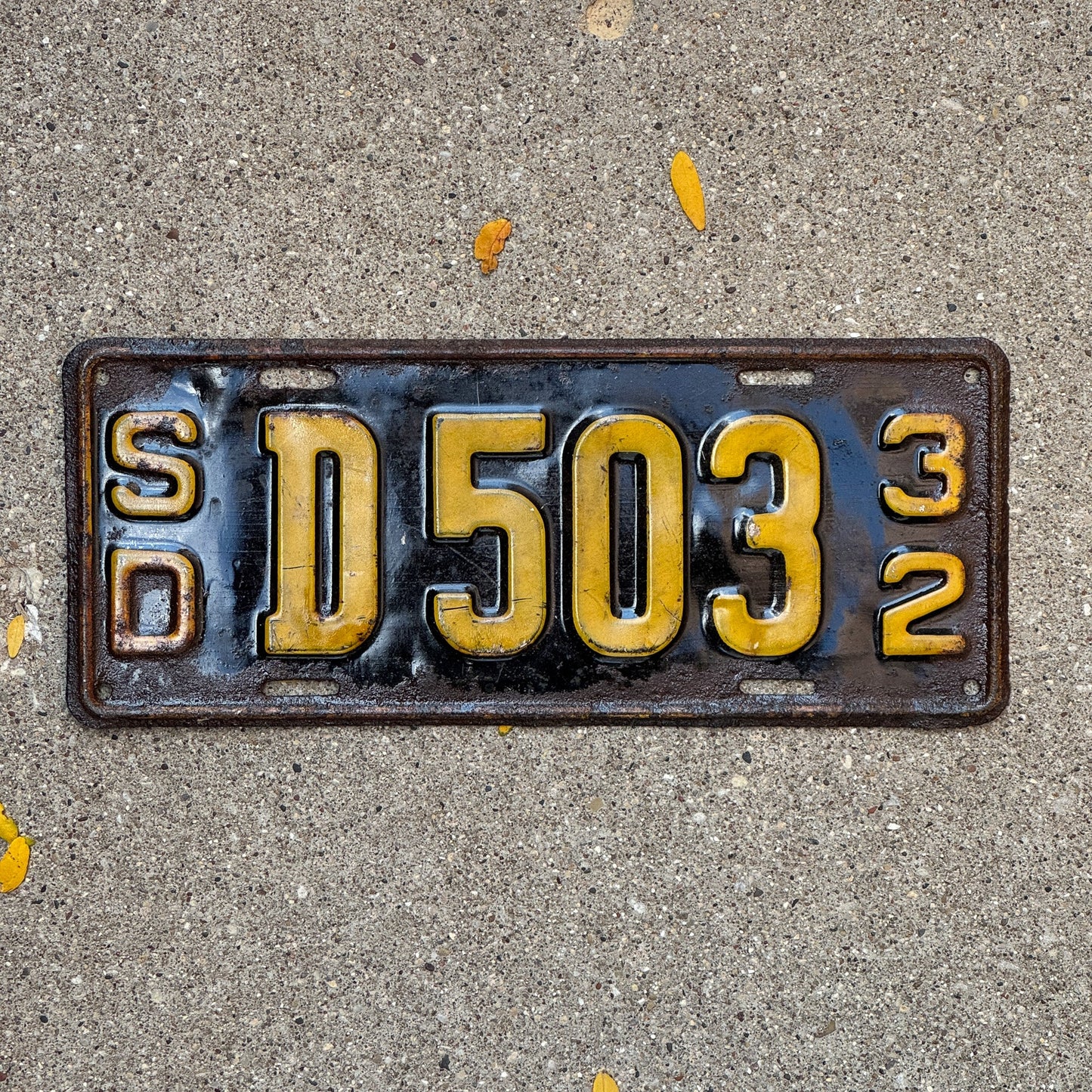 Photo of a 1932 South Dakota Dealer License Plate Auto Tag Garage Decor Vintage D 503 with original patina