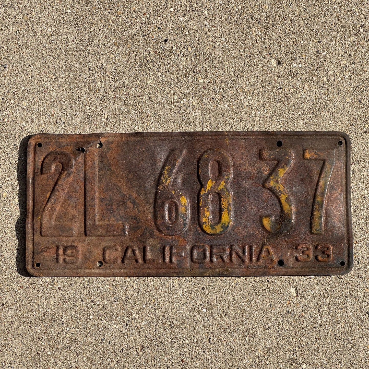 Photo of a 1933 California License Plate Auto Tag Garage Decor Vintage 2L 6837