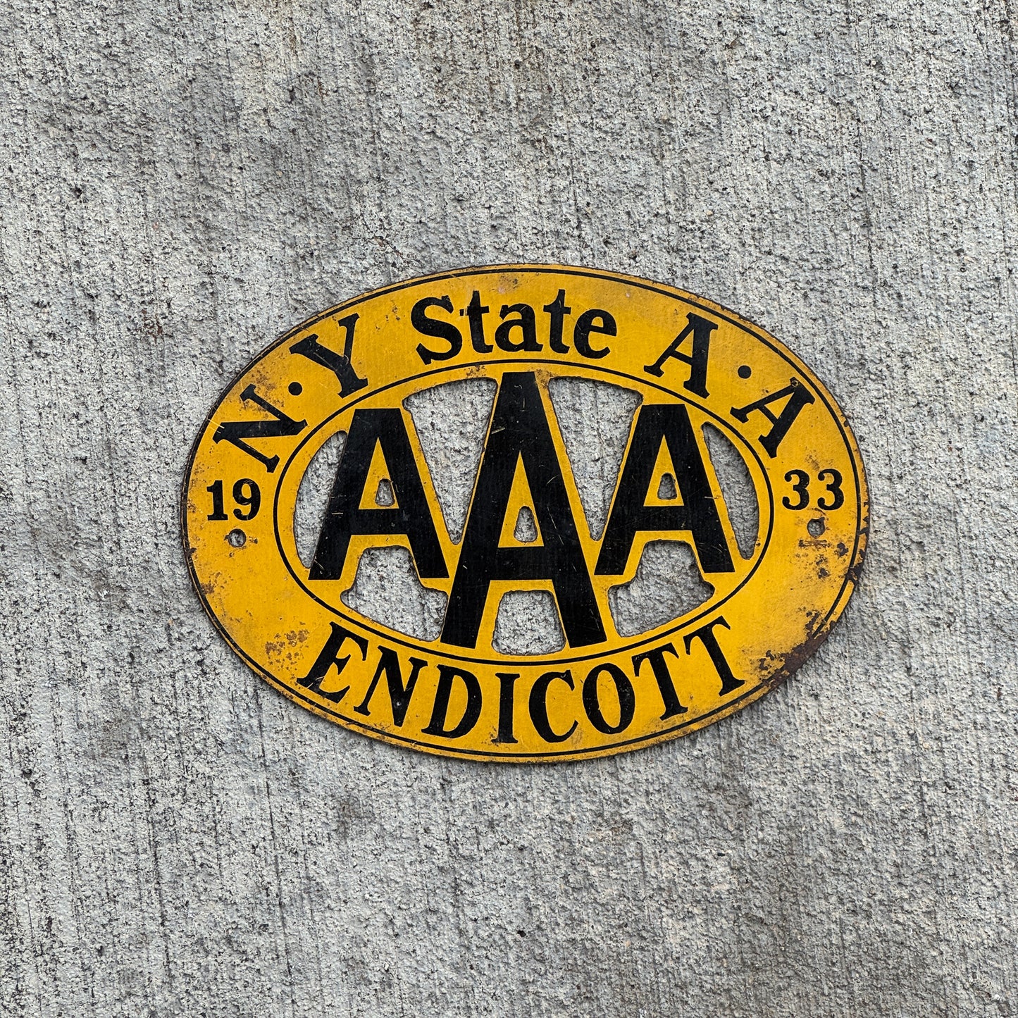 Photo of a 1933 Endicott New York Badge Emblem License Plate Topper Auto Tag Garage Decor Vintage AAA with original patina