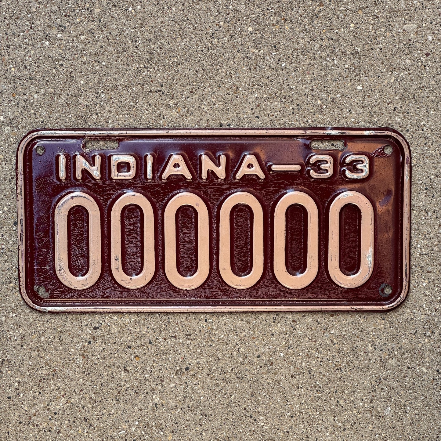 Photo of a 1933 Indiana Sample License Plate Auto Tag Garage Decor Vintage 000 000 with original patina