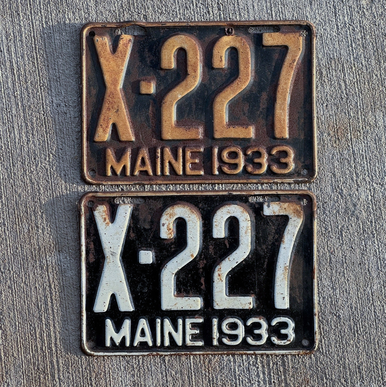 Photo of a 1933 Maine Truck License Plate Pair Auto Tag Garage Decor Vintage Low Number Three Digit X 227 with original patina