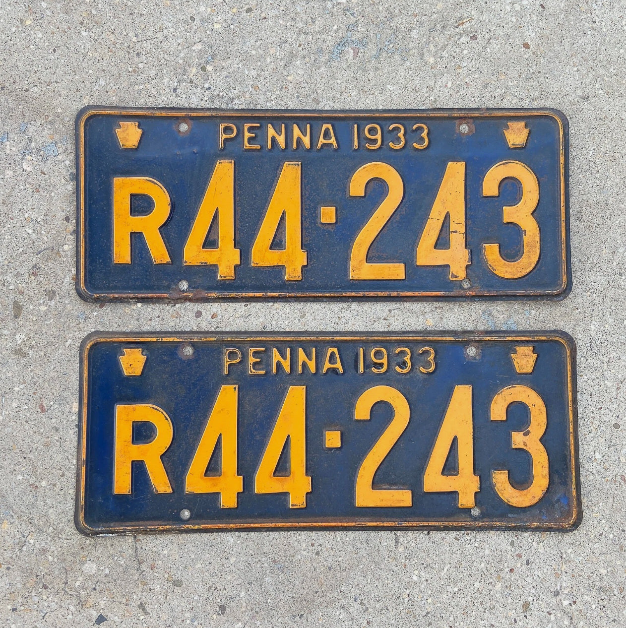 Photo of a 1933 Pennsylvania Truck License Plate Pair Auto Tag Garage Decor Vintage R 44 243 with original patina