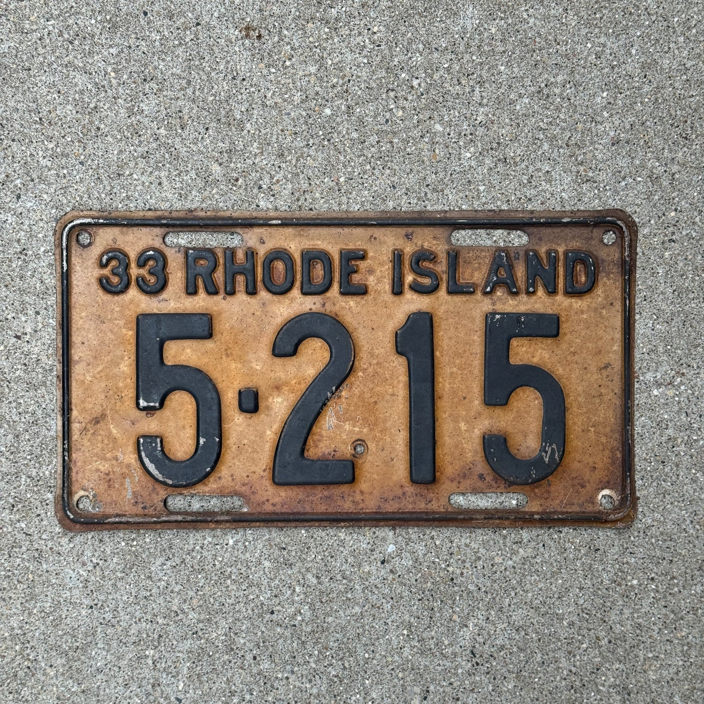 Photo of a 1933 Rhode Island License Plate Auto Tag Garage Decor Vintage Low Number Four Digit 5215 with original patina