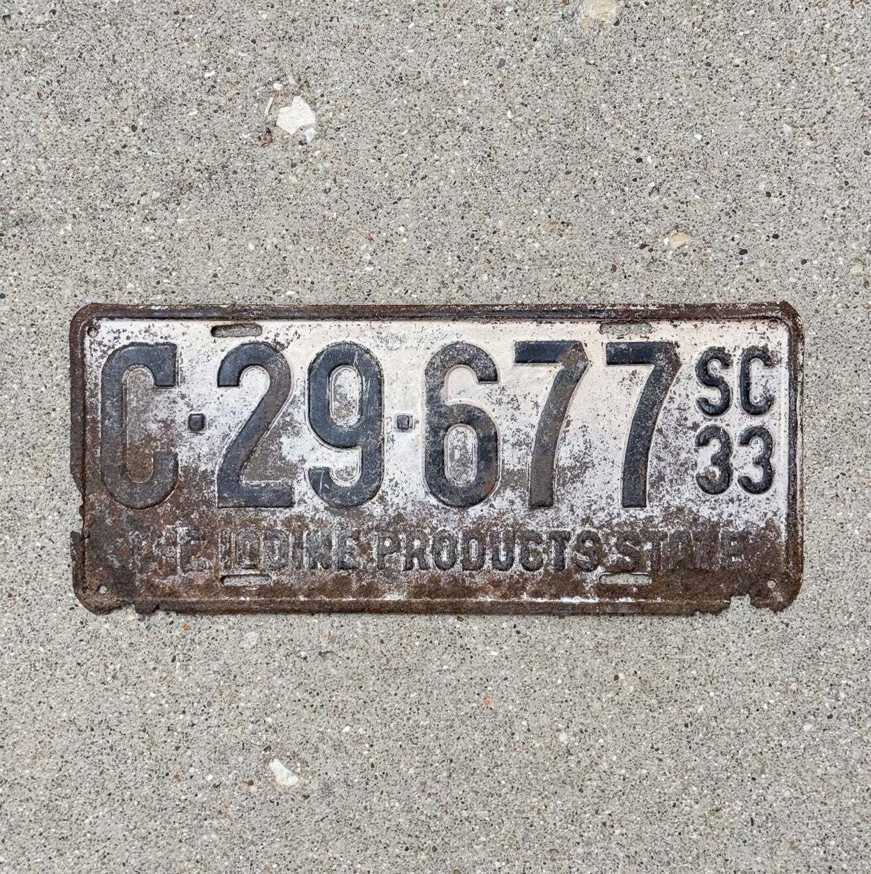 Photo of a 1933 South Carolina License Plate Auto Tag Garage Decor Vintage C 29 677 with original patina