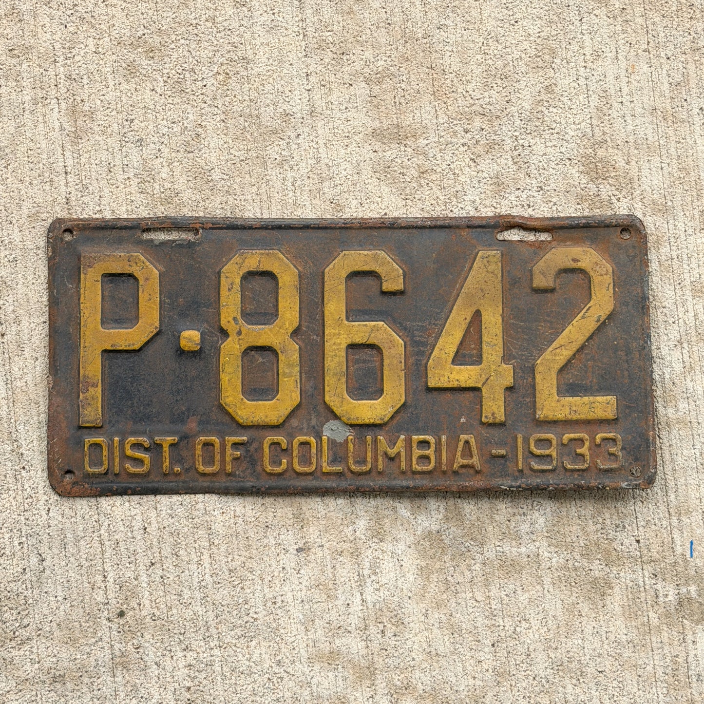 Photo of a 1933 Washington DC License Plate Auto Tag Garage Decor Vintage P 8642 with original patina