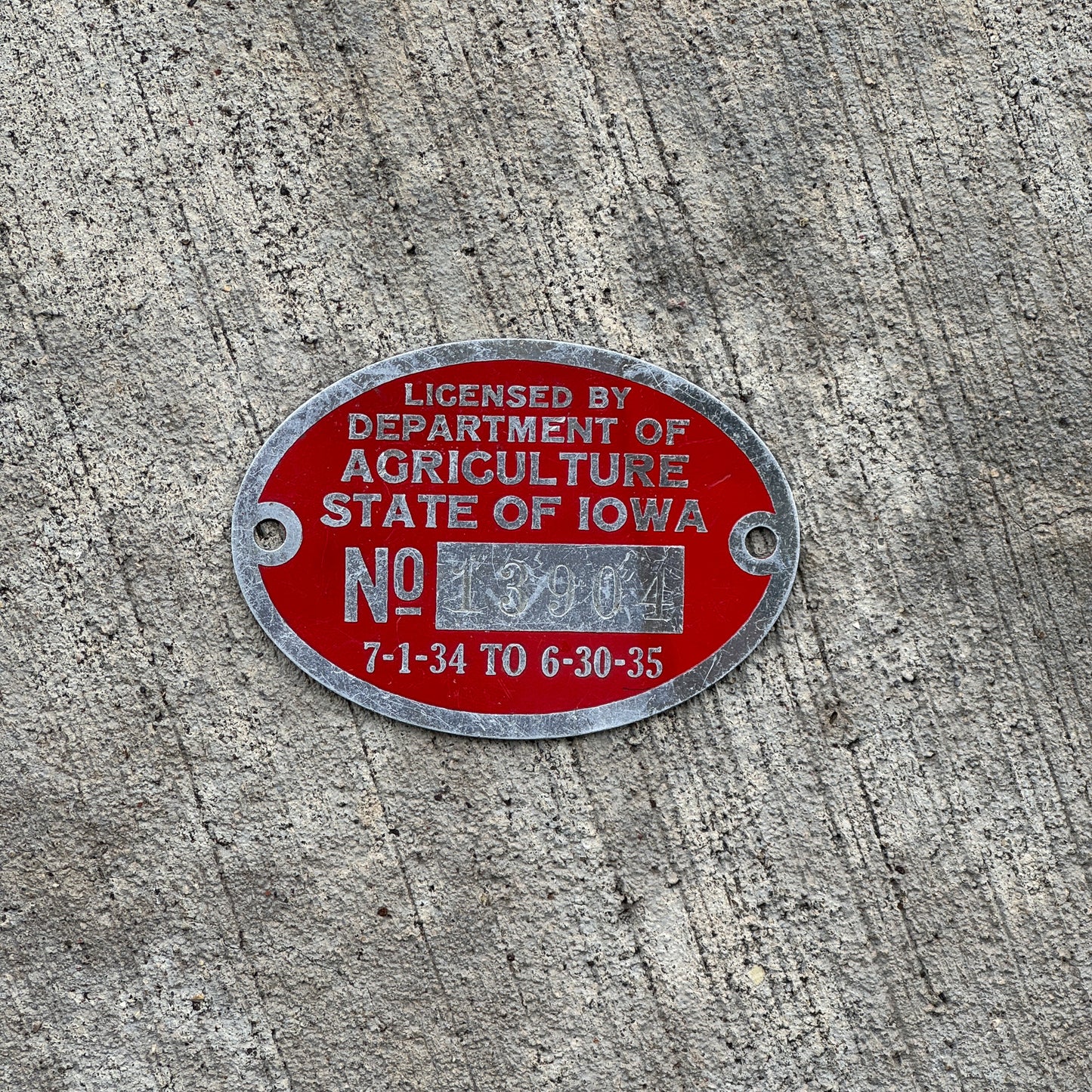 Photo of a 1934 Dept of Agriculture Iowa Tag Auto Tag Garage Decor Vintage 13904 with original patina