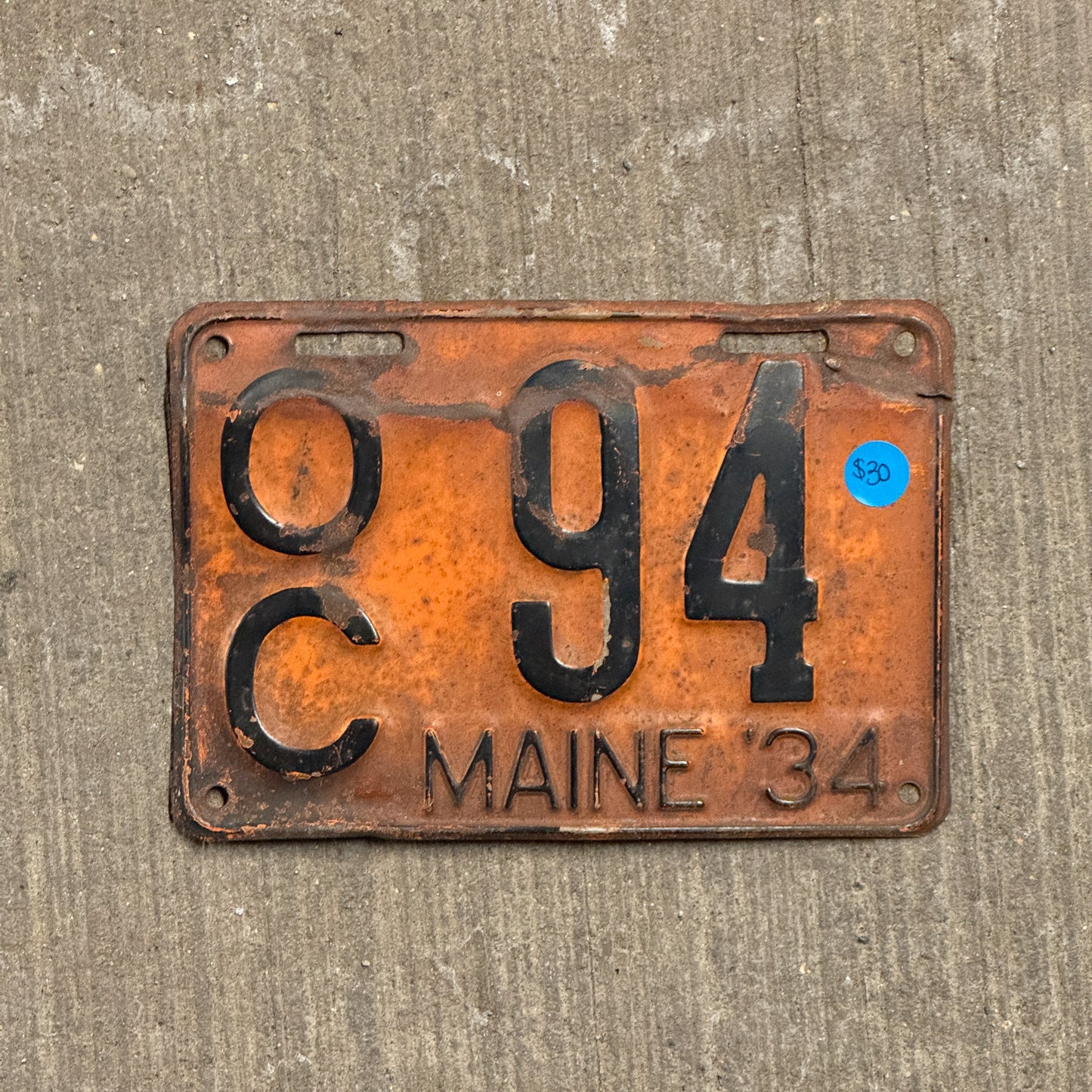 Photo of a 1934 Maine License Plate Auto Tag Garage Decor Vintage OC 94 with original patina