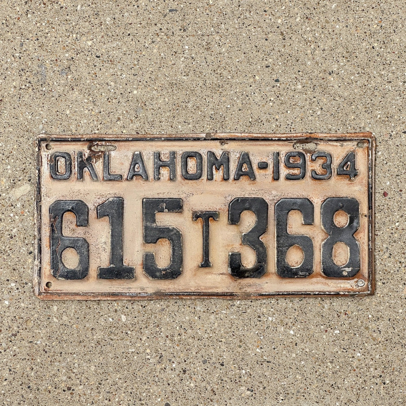 Photo of a 1934 Oklahoma Truck License Plate Auto Tag Garage Decor Vintage 615 T 368 with original patina