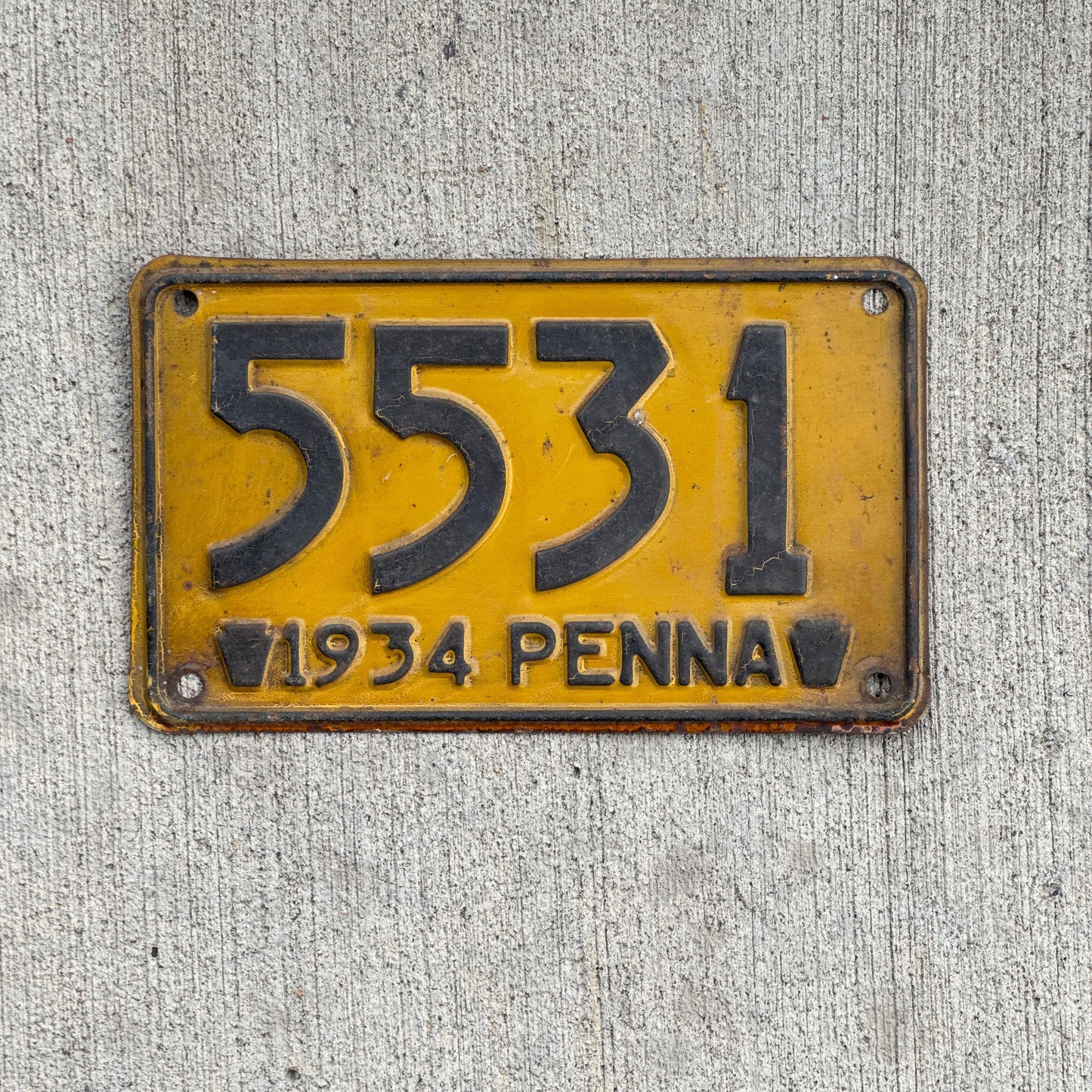 Photo of a 1934 Pennsylvania License Plate Auto Tag Garage Decor Vintage Low Number Four Digit 5531 with original patina