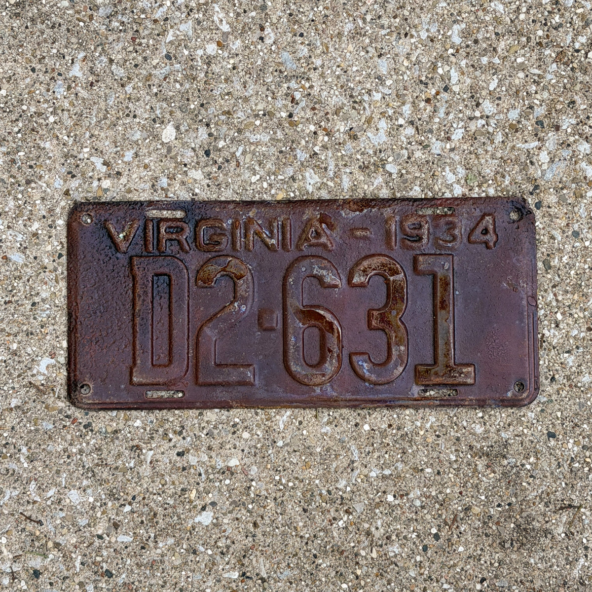 Photo of a 1934 Virginia Dealer License Plate Auto Tag Garage Decor Vintage D2 631 with original patina