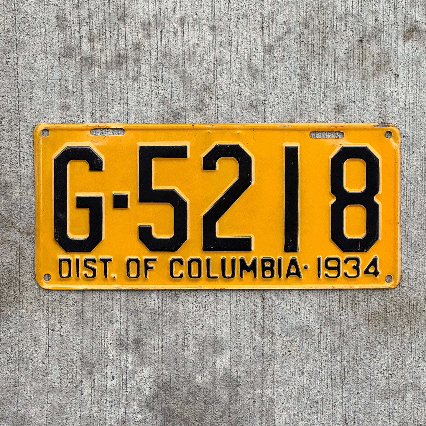 Photo of a 1934 Washington DC License Plate Auto Tag Garage Decor Vintage High Quality G 5218 with original patina