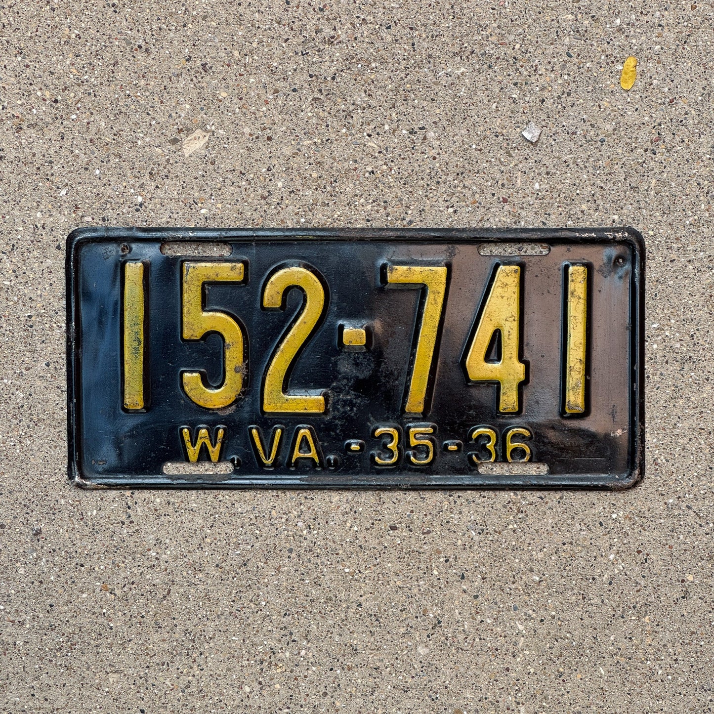 Photo of a 1935 1936 West Virginia License Plate Auto Tag Garage Decor Vintage 152 741 with original patina