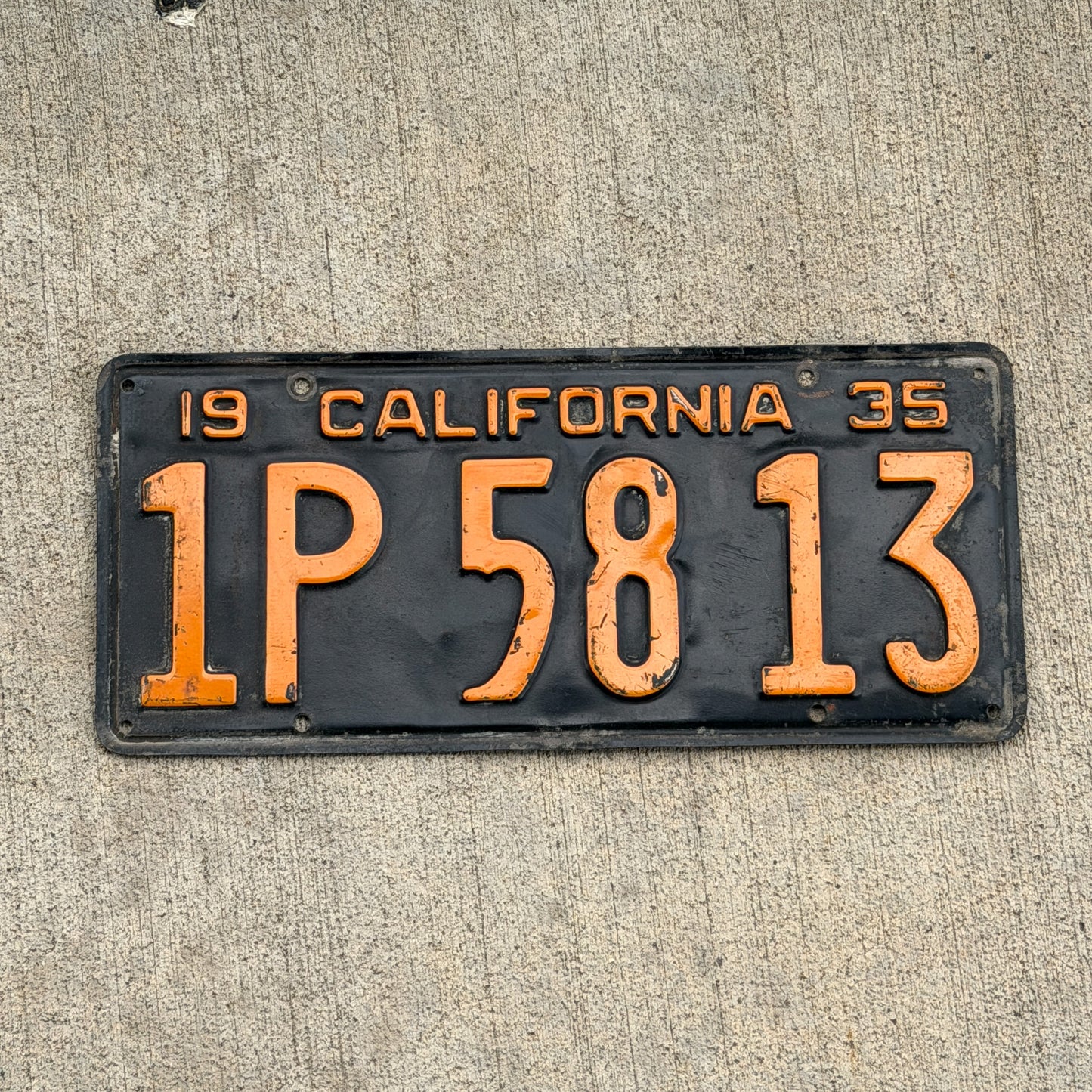 Photo of a 1935 California License Plate Auto Tag Garage Decor Vintage 1P 58 13 with original patina