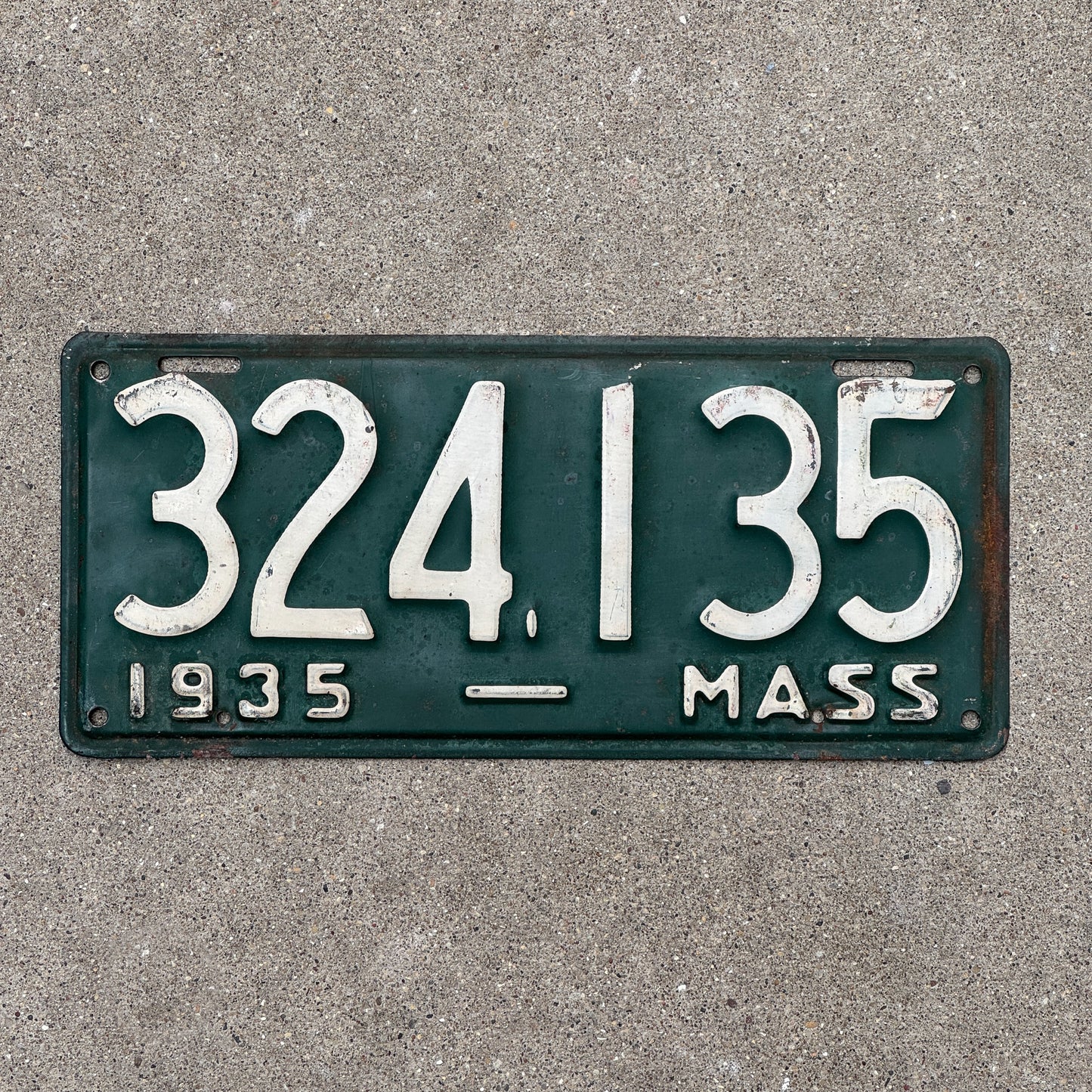 Photo of a 1935 Massachusetts License Plate Auto Tag Garage Decor Vintage 324 135 with original patina