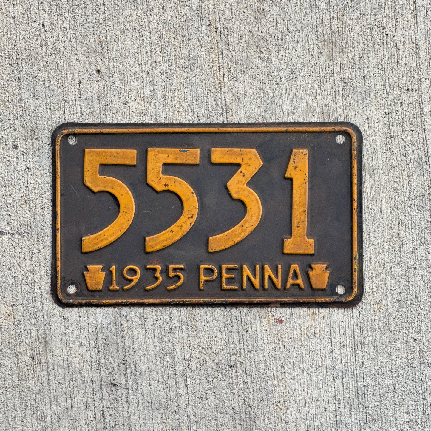 Photo of a 1935 Pennsylvania License Plate Auto Tag Garage Decor Vintage Low Number Four Digit 5531 with original patina