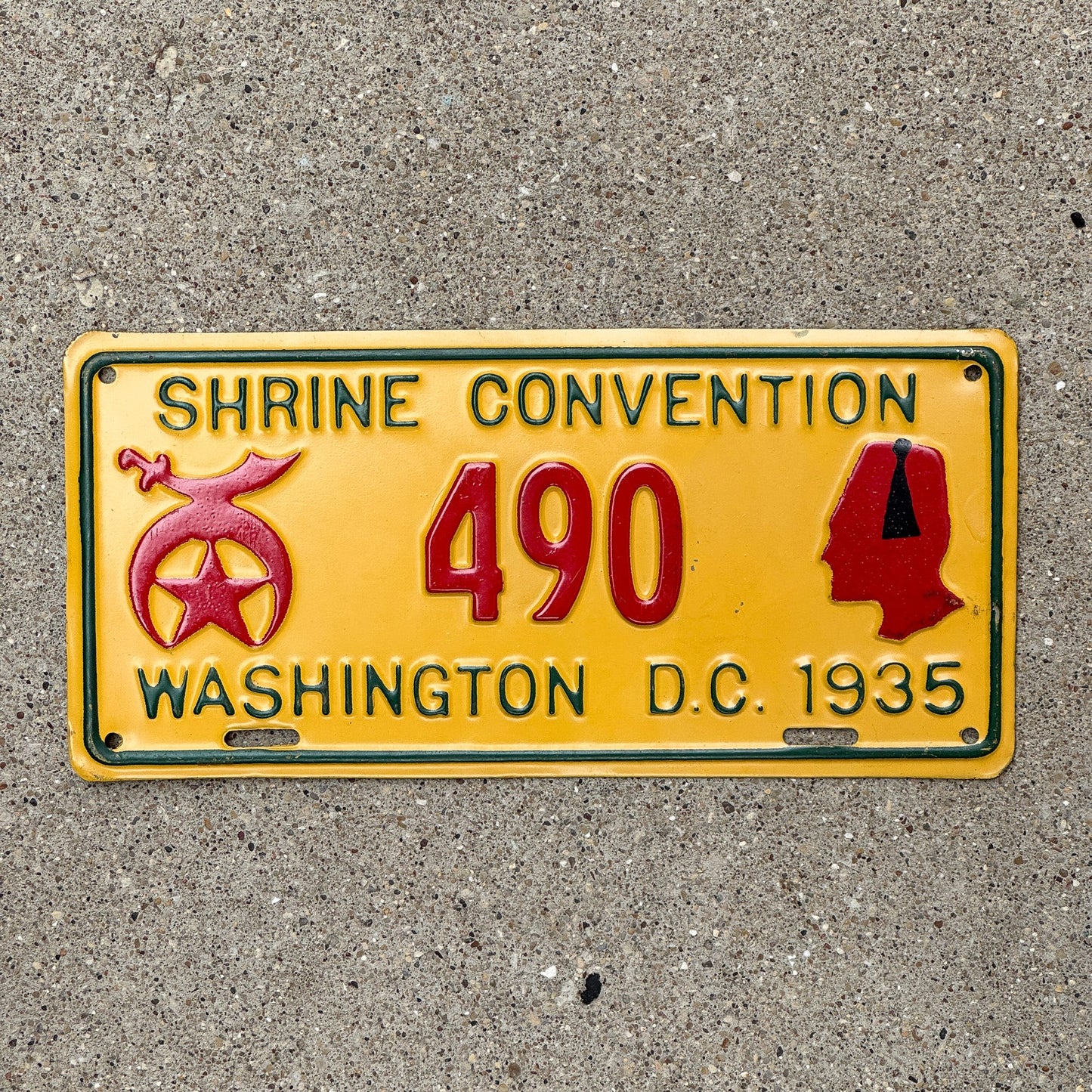 Photo of a 1935 Washington DC Shrine Convention License Plate Auto Tag Garage Decor Vintage 490 with original patina