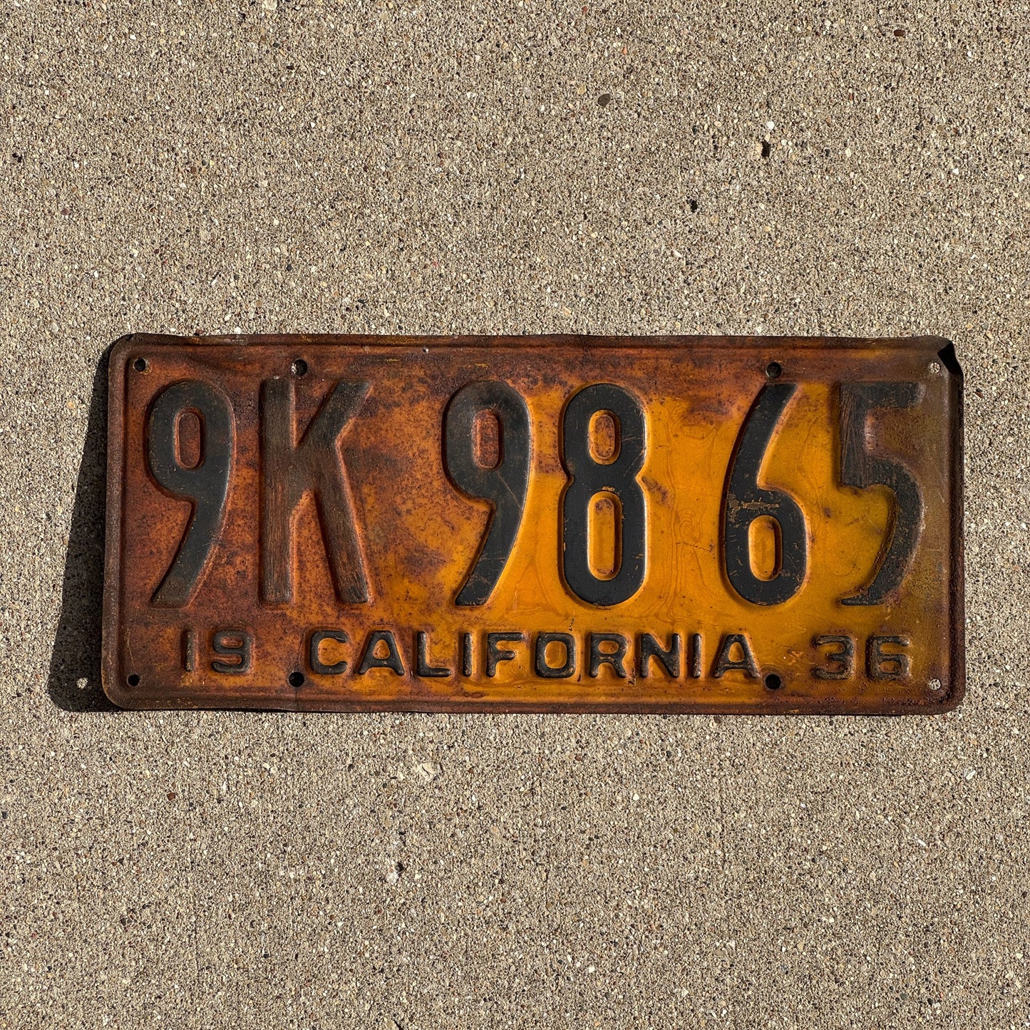 Photo of a 1936 California License Plate Auto Tag Garage Decor Vintage 9K 9865