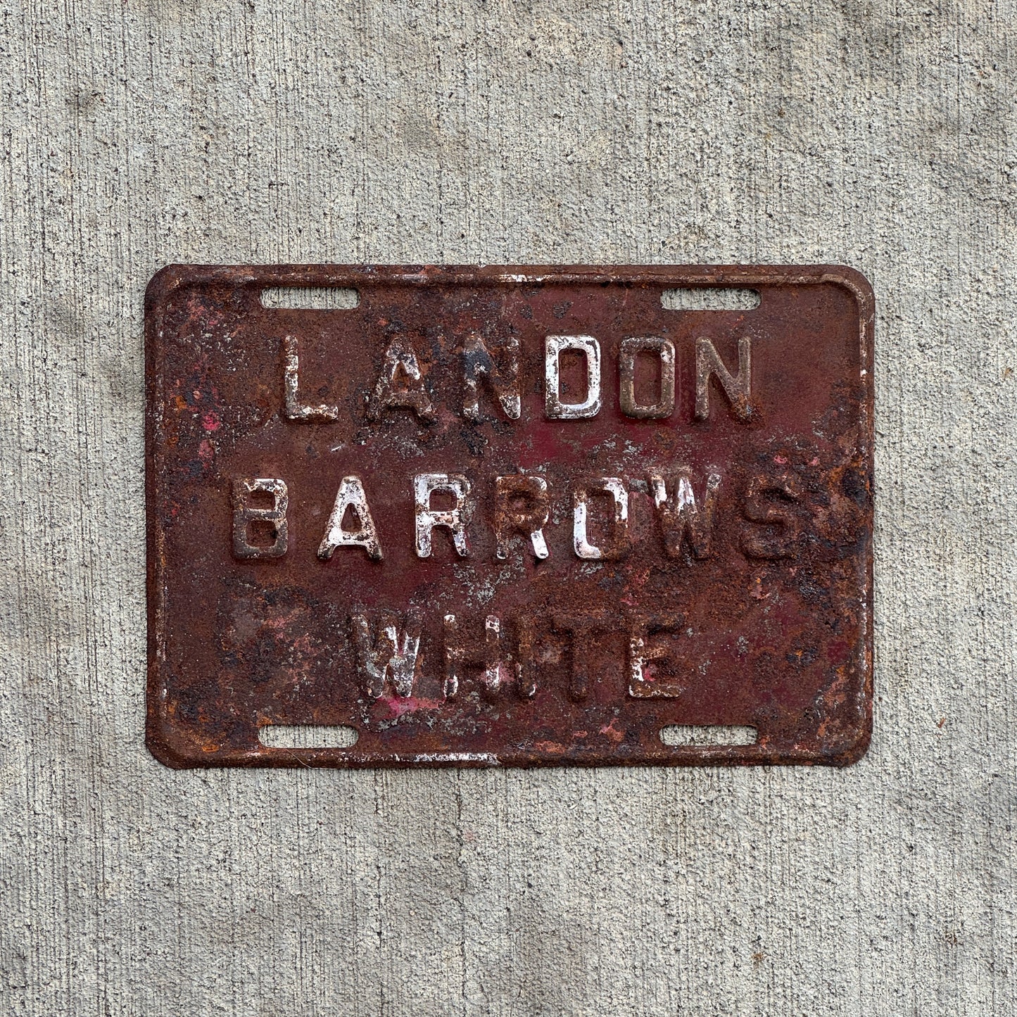 Photo of a 1936 Election Landon Barrows White Maine Booster License Plate Auto Tag Garage Decor Vintage Political President with original patina