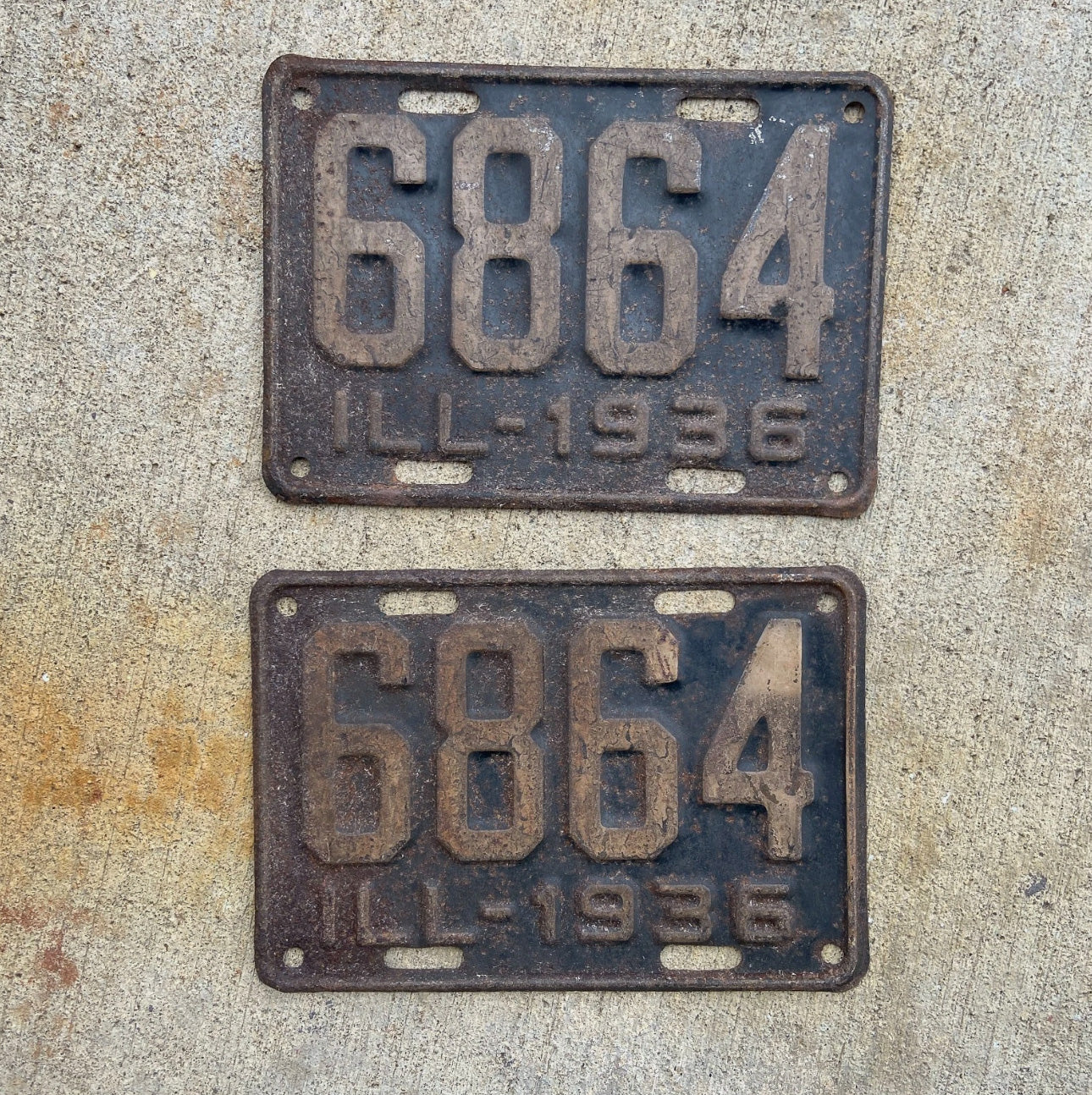 Photo of a 1936 Illinois License Plate Pair Auto Tag Garage Decor Vintage Low Number Four Digit 6864 with original patina
