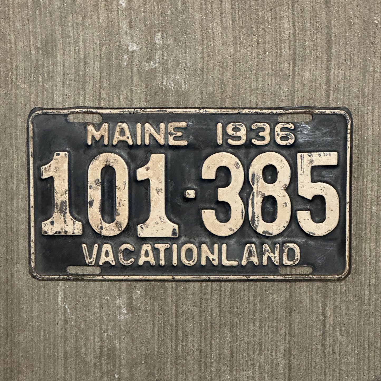 Photo of a 1936 Maine License Plate Auto Tag Garage Decor Vintage 101 385 with original patina