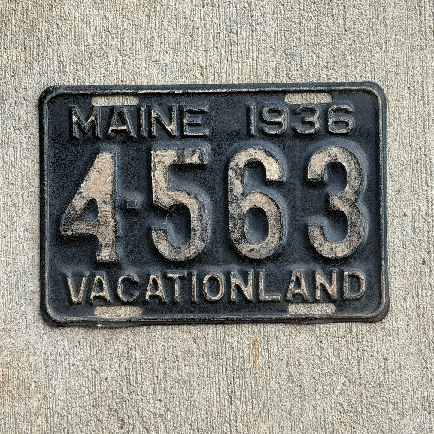 Photo of a 1936 Maine License Plate Auto Tag Garage Decor Vintage Low Number Four Digit 4563 with original patina