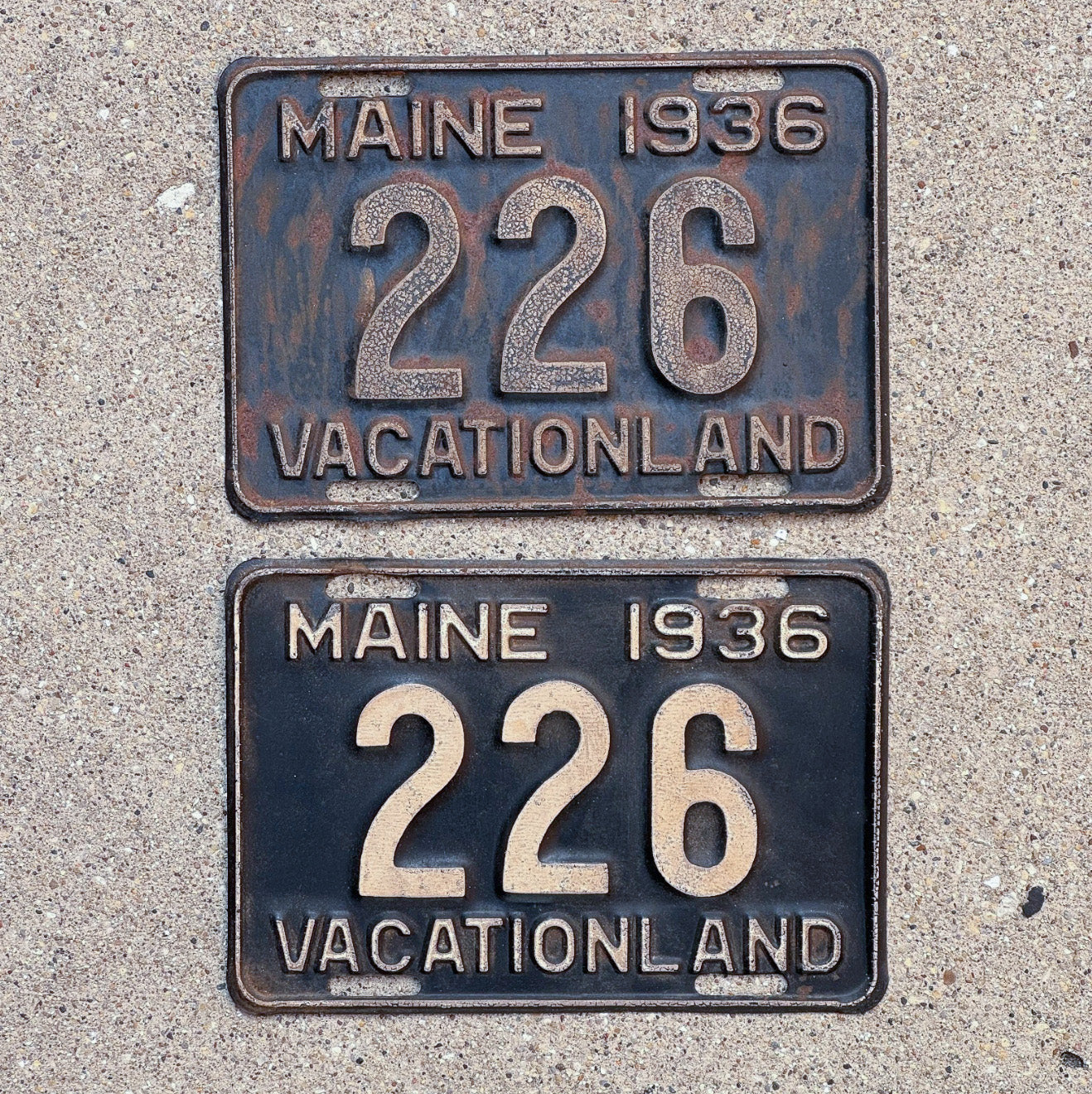 Photo of a 1936 Maine License Plate Pair Auto Tag Garage Decor Vintage Low Number Three Digit 226 with original patina