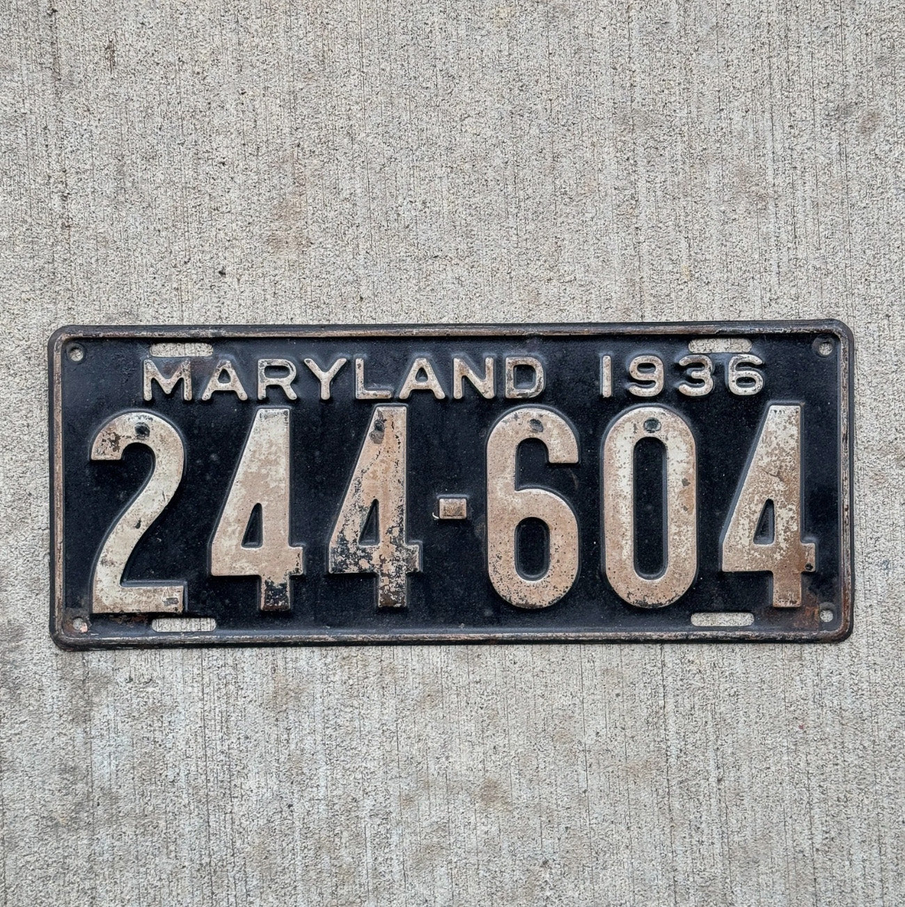 Photo of a 1936 Maryland License Plate Auto Tag Garage Decor Vintage Black 244 604