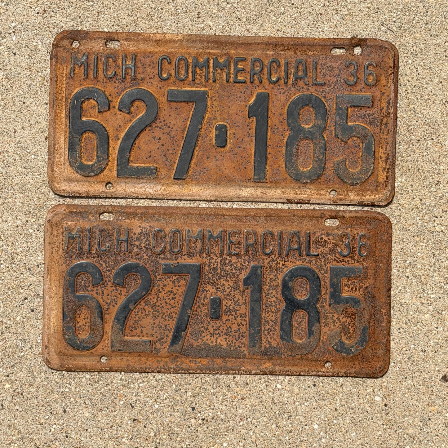 Photo of a 1936 Michigan Commercial License Plate Pair Auto Tag Garage Decor Vintage 627 185 with original patina