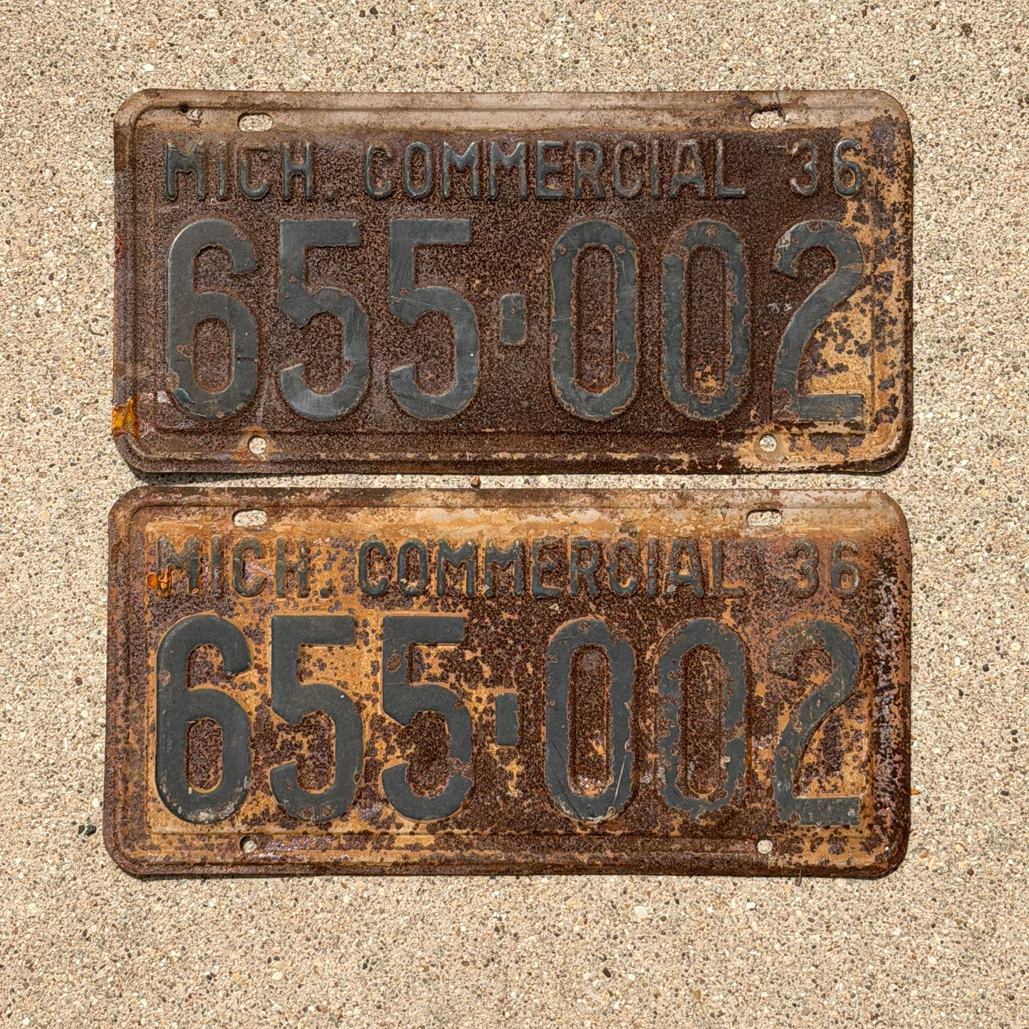 Photo of a 1936 Michigan Commercial License Plate Pair Auto Tag Garage Decor Vintage 655 002 with original patina