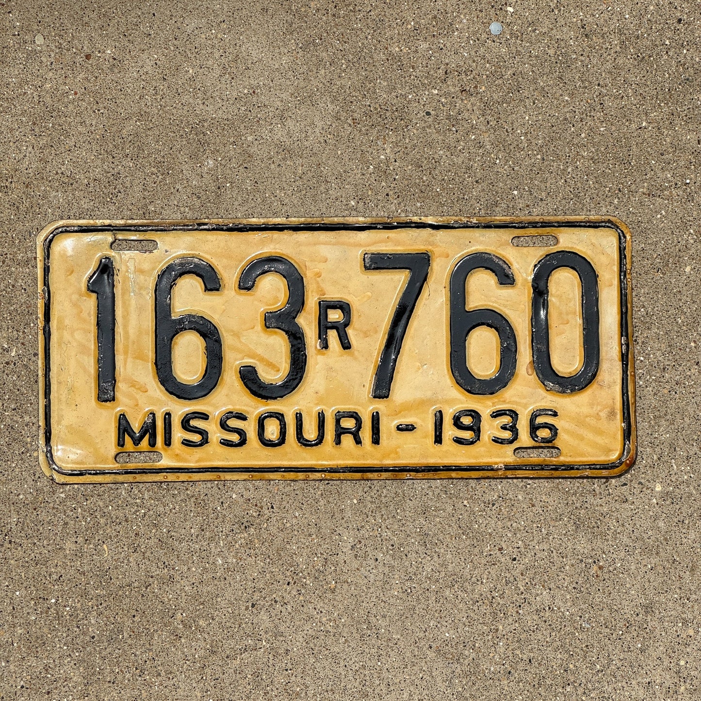 Photo of a 1936 Missouri Replacement License Plate Auto Tag Garage Decor Vintage 163 R 760