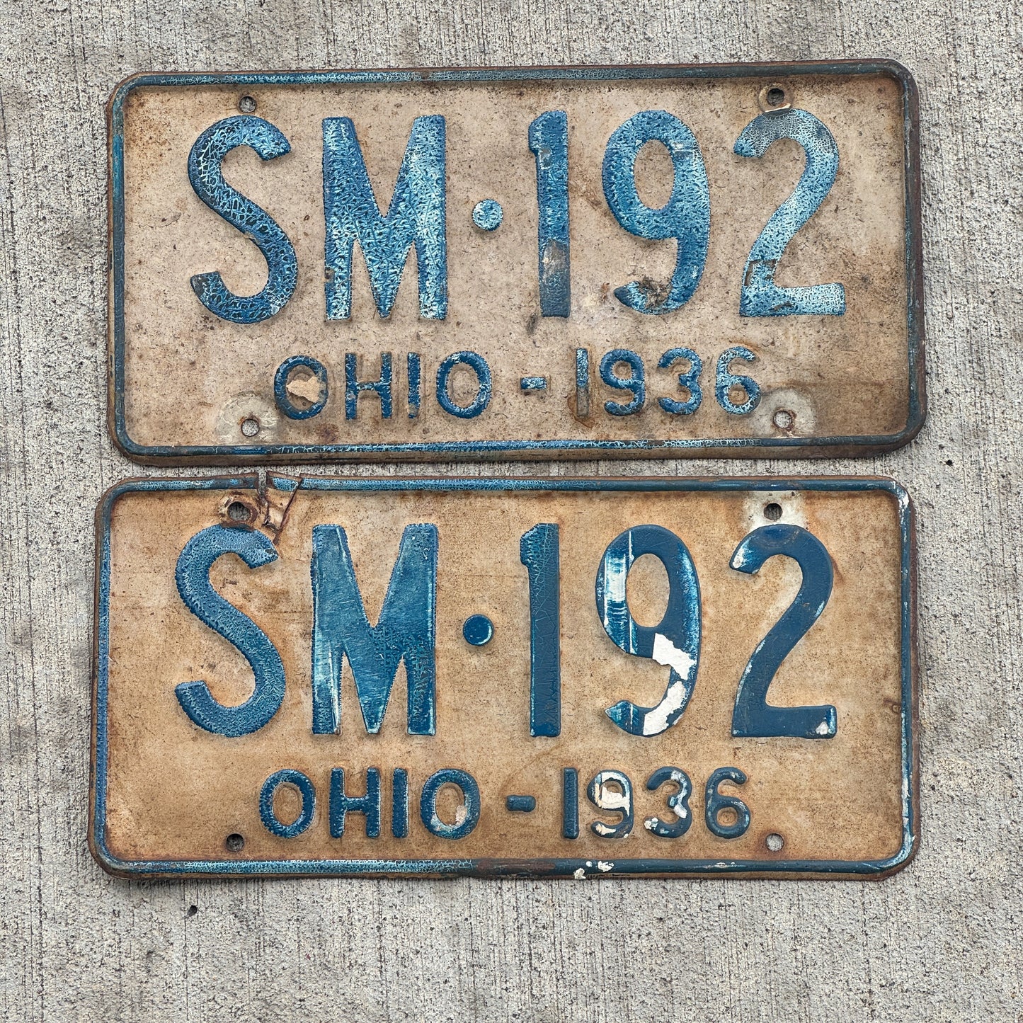 Photo of a 1936 Ohio License Plate Pair Auto Tag Garage Decor Vintage SM 192 with original patina
