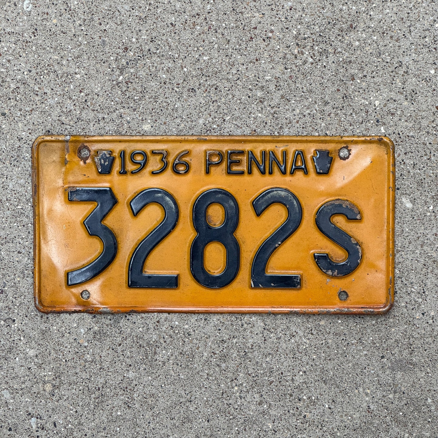 Photo of a 1936 Pennsylvania License Plate Auto Tag Garage Decor Vintage 3282 S with original patina