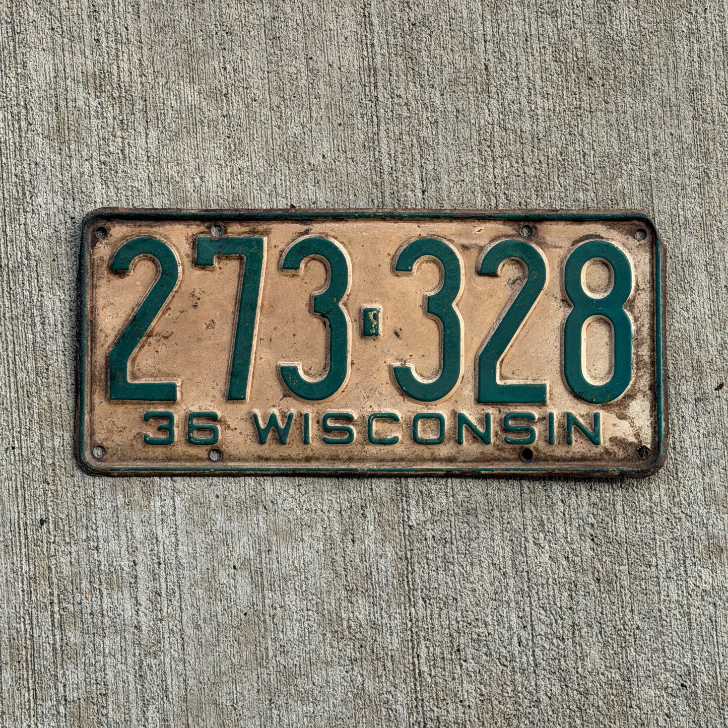 Photo of a 1936 Wisconsin License Plate Auto Tag Garage Decor Vintage 273 328 with original patina