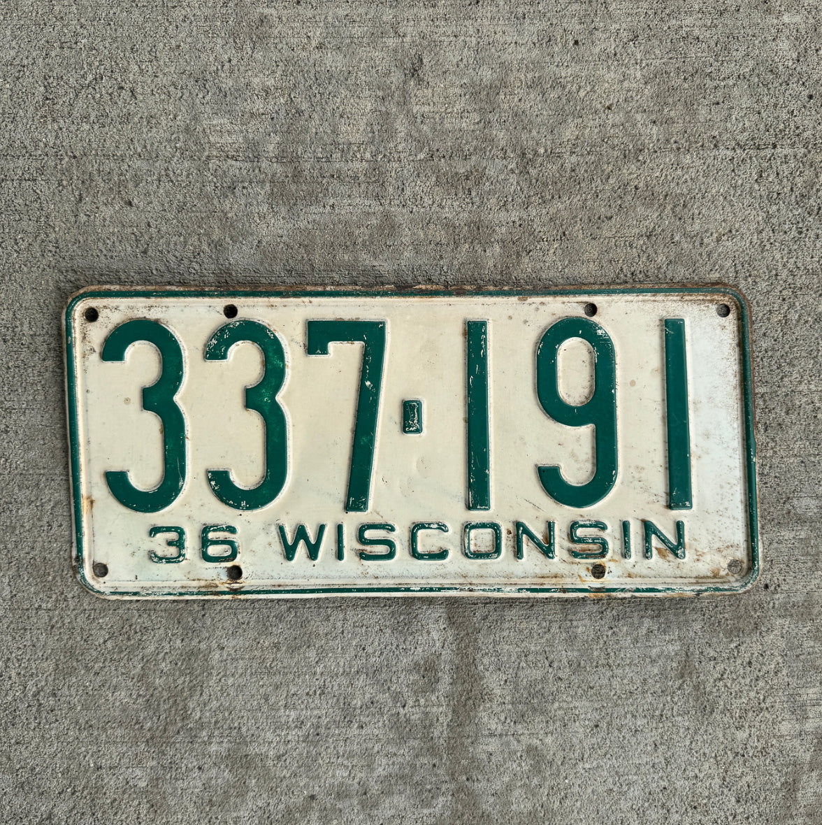 Photo of a 1936 Wisconsin License Plate Auto Tag Garage Decor Vintage 337 191 with original patina